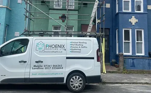 Phoenix Roofing van at a roof repair job on a Bristol terraced street